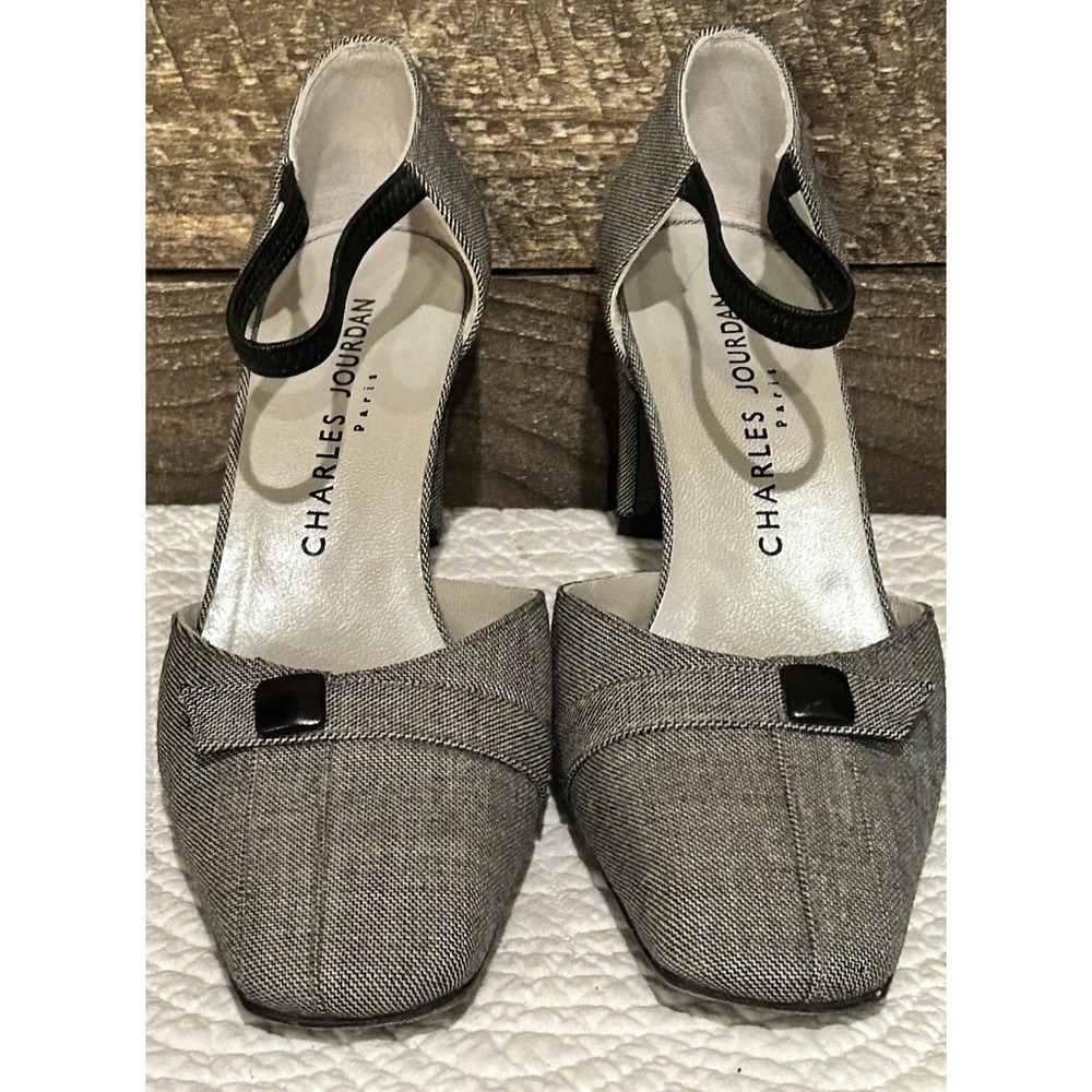 Vintage Charles Jourdan Gray Fabric ankle strap pumps sz 6.5‎ M